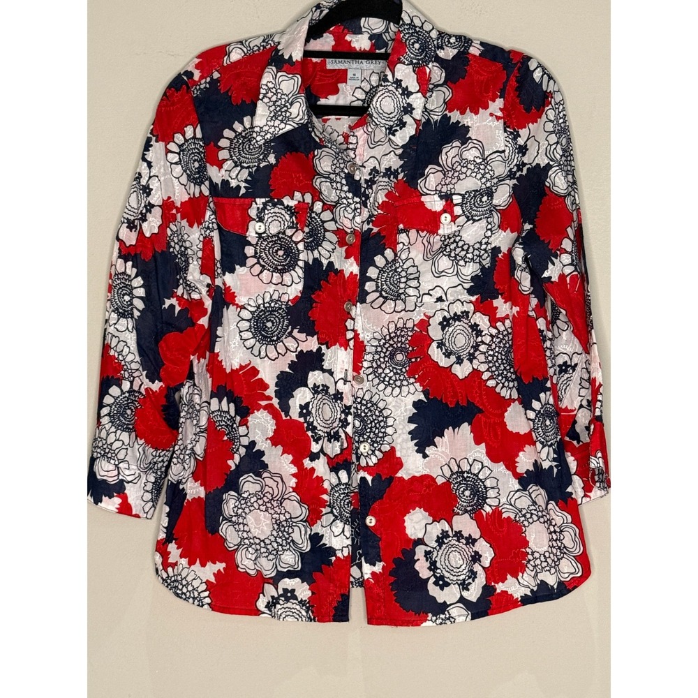 Samantha Grey Floral Print Button Down Top Red Blue White Size 16 Comfy Casual - Picture 2 of 7